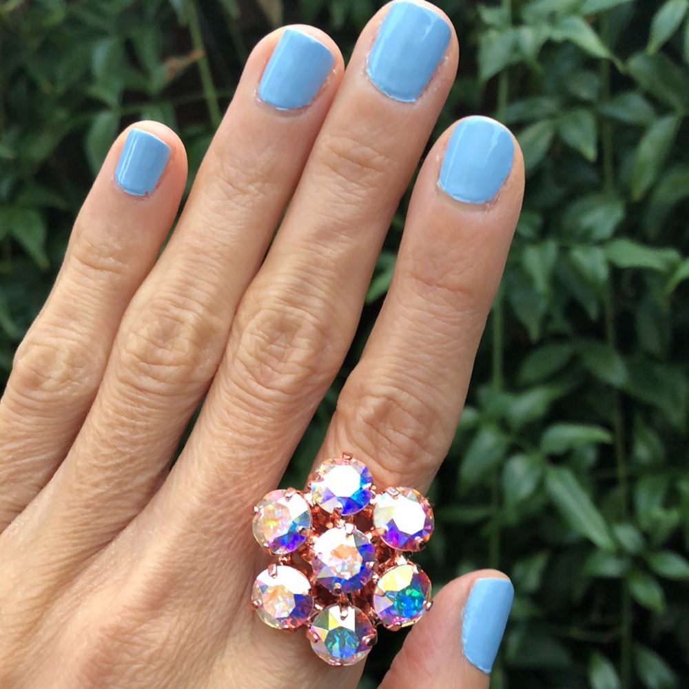 Aurora Borealis + Rose Gold Crystal Flower Statement Cocktail Ring - Picture 5 of 10